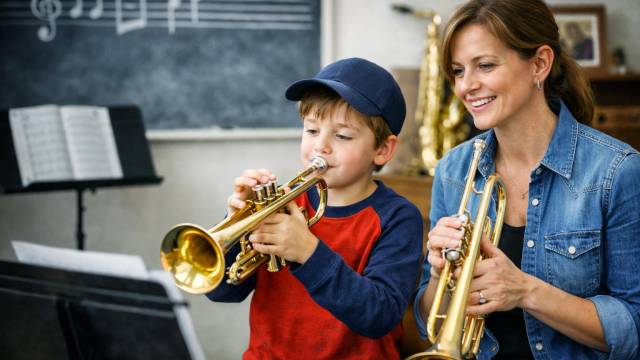 Eine Gruppe von vier Posaunenspielern steht als dunkle Silhouetten in einem warm beleuchteten Kirchenraum und spielt in Richtung eines großen Kreuzes. Weiche Lichtstrahlen und geschwungene Linien im Hintergrund erzeugen eine ruhige, spirituelle Atmosphäre.